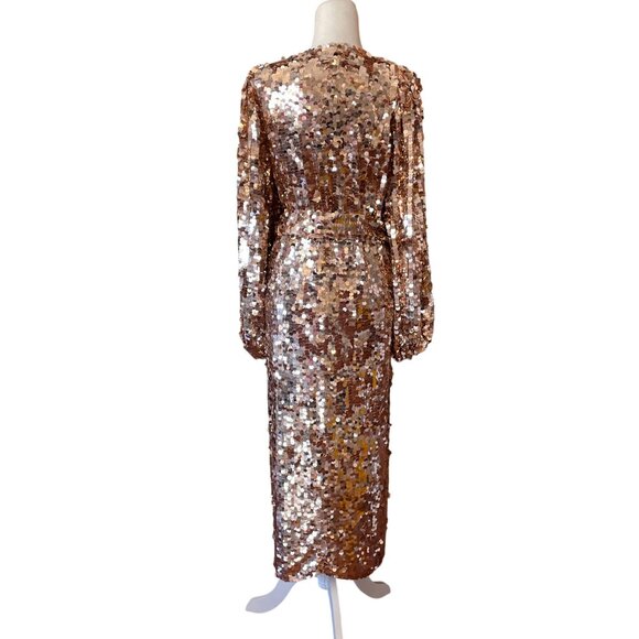 NWT ASOS Edition Womens Gold Sequin Midi Dress Wrap Style With Tie Waist SZ 6 - Picture 2 of 11
